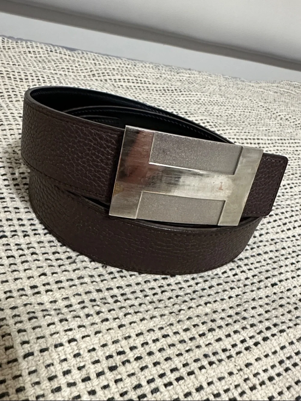 Hermes Brown Leather Belt with Silver H-Style Buckle